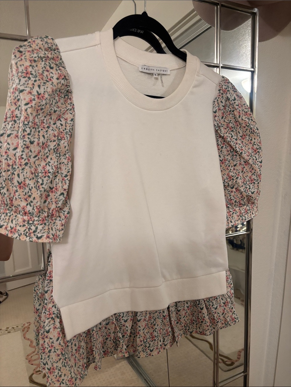 English Factory Cream Sweatshirt with Pink & Green Floral Puff Sleeves